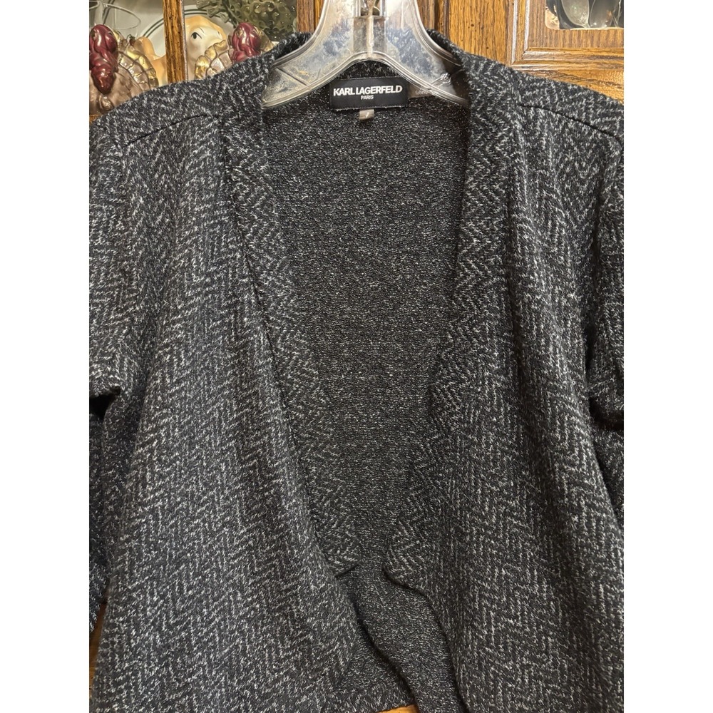 Karl Lagerfeld Paris Women's Small Sweater Cardigan Black Grey Zig Zag Cozy Warm